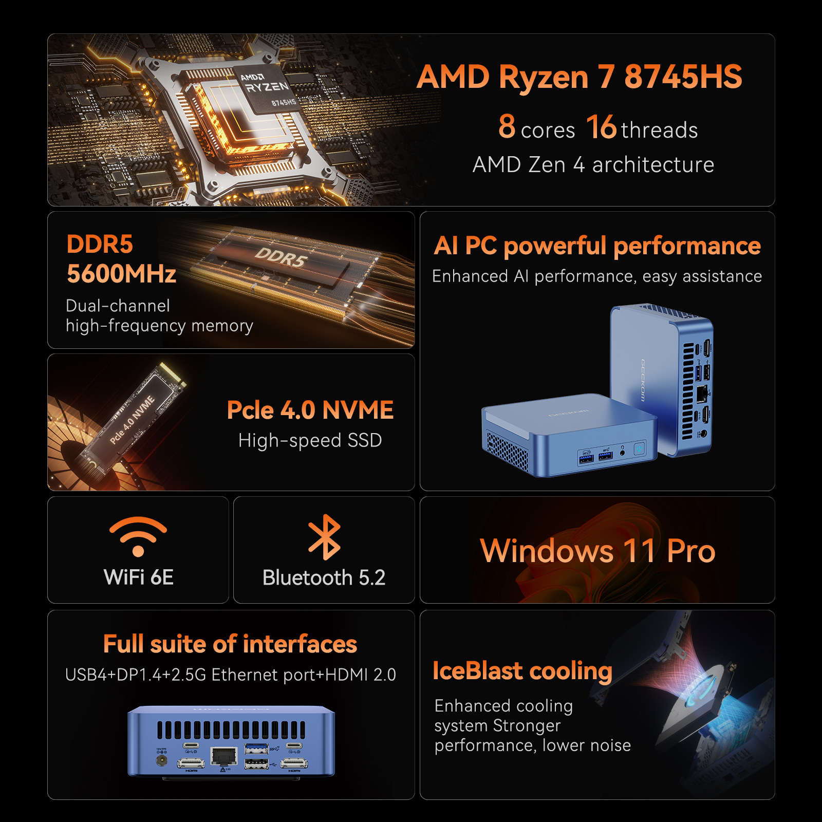 GEEKOM AX8 Pro Ai Mini PC,AMD Ryzen R7-8745HS or Ryzen R9-8945HS