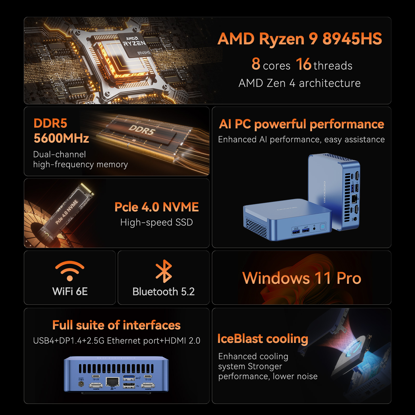 GEEKOM AX8 Pro Ai Mini PC,AMD Ryzen R7-8745HS or Ryzen R9-8945HS