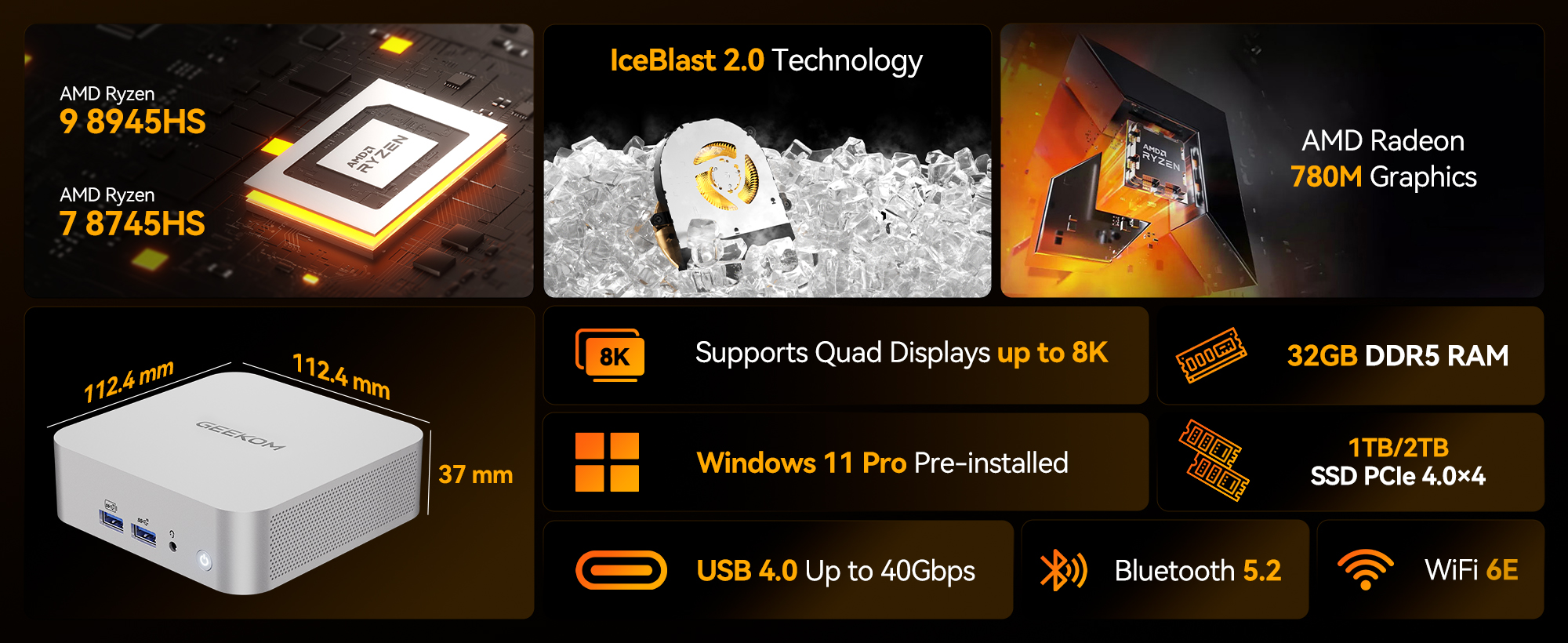 GEEKOM A8 Mini PC AMD Ryzen™ 7 8745HS or Ryzen™ 9 8945HS